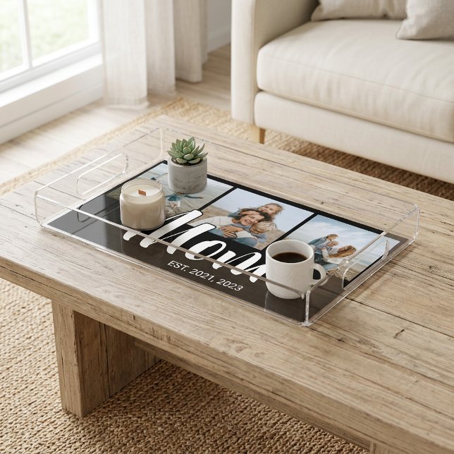 Mom Established Modern Script Black 3 Photo Acrylic Tray (Mom Established Modern Script Black 3 Photo Acrylic Tray)