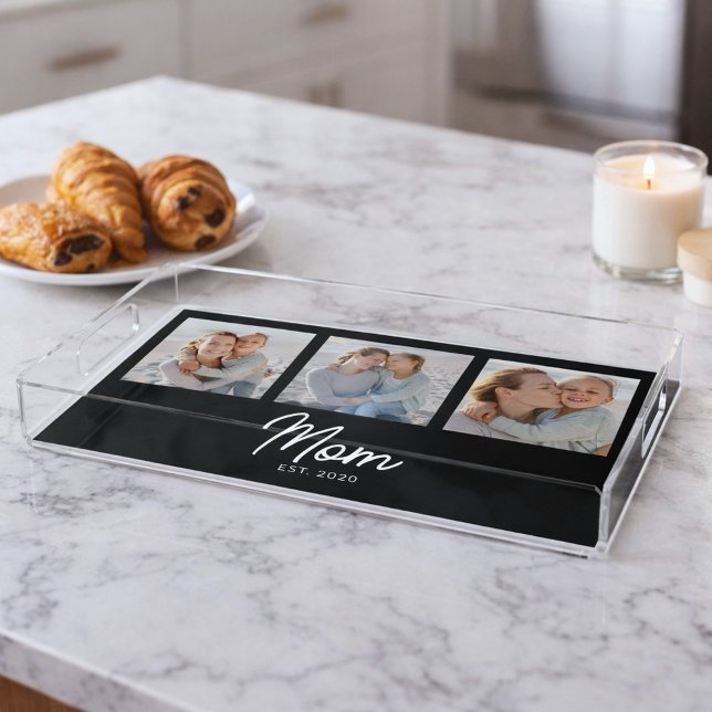 Mom Established Modern Script Black 3 Photo Acrylic Tray (Creator Uploaded)