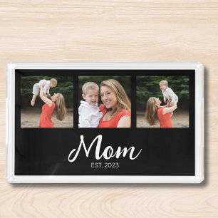 Mom Established Modern Script Black 3 Photo Acrylic Tray
