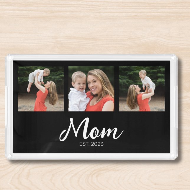 Mom Established Modern Script Black 3 Photo Acrylic Tray (Creator Uploaded)