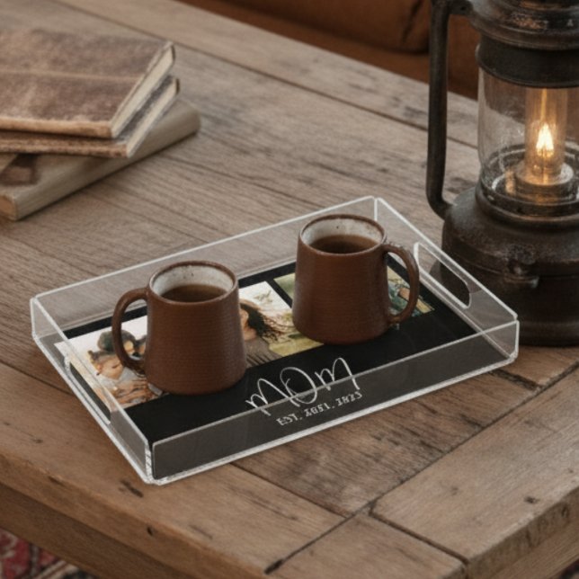 Mom Established Modern Script Black 3 Photo Acrylic Tray (Creator Uploaded)