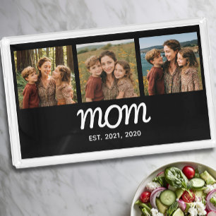 Mom Established Modern Script Black 3 Photo Acrylic Tray