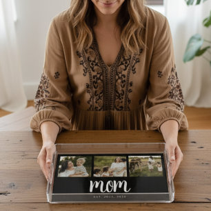 Mom Established Modern Script Black 3 Photo Acrylic Tray