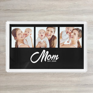 Mom Established Modern Script Black 3 Photo Acrylic Tray