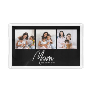 Mom Established Modern Script Black 3 Photo Acrylic Tray