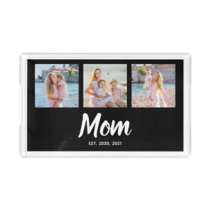 Mom Established Modern Script Black 3 Photo Acrylic Tray