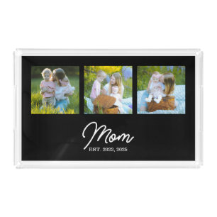 Mom Established Modern Script Black 3 Photo Acrylic Tray