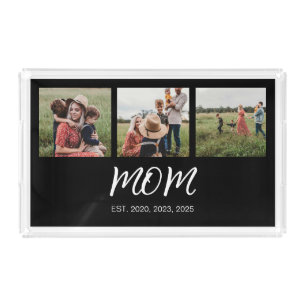 Mom Established Modern Script Black 3 Photo Acrylic Tray