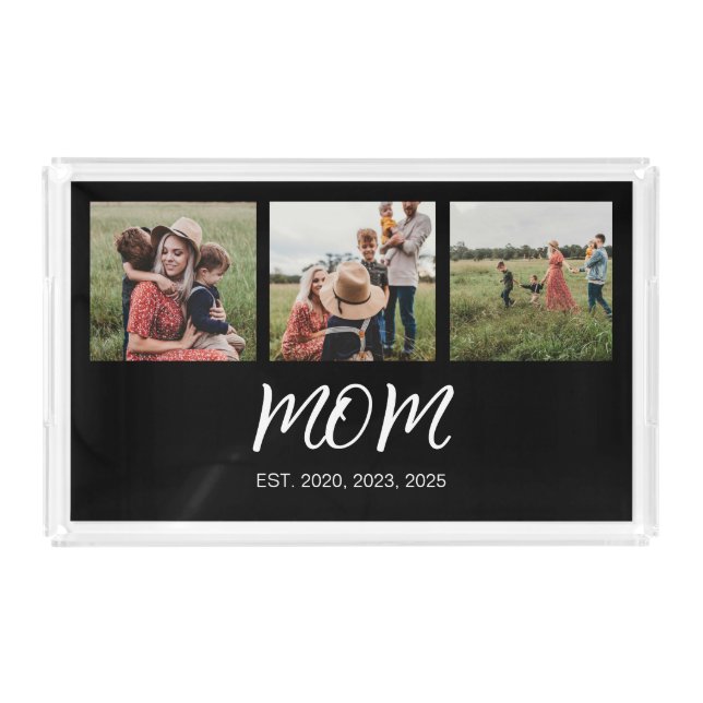 Mom Established Modern Script Black 3 Photo Acrylic Tray (Front)