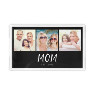 Mom Established Modern Script Black 3 Photo Acrylic Tray