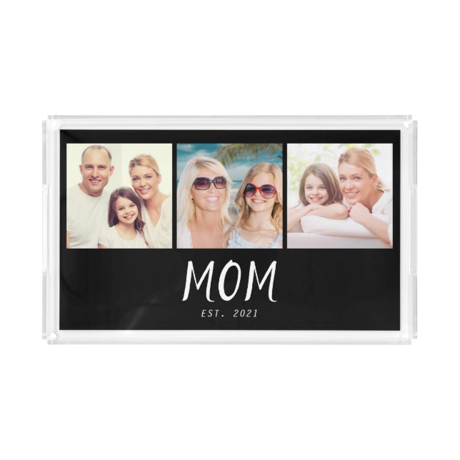 Mom Established Modern Script Black 3 Photo Acrylic Tray (Front)