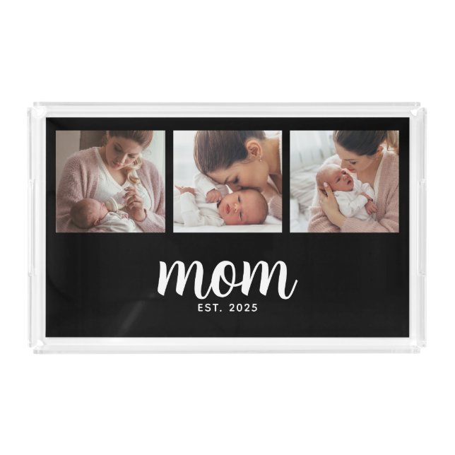 Mom Established Modern Script Black 3 Photo Acrylic Tray (Front)
