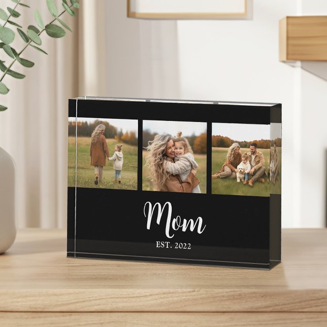 Mom Established Modern Script Black 3 Photo Block (Mom Est. with 3 personalizable photos and text )