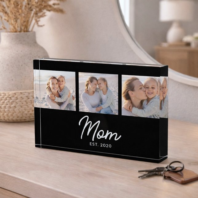 Mom Established Modern Script Black 3 Photo Block (Creator Uploaded)