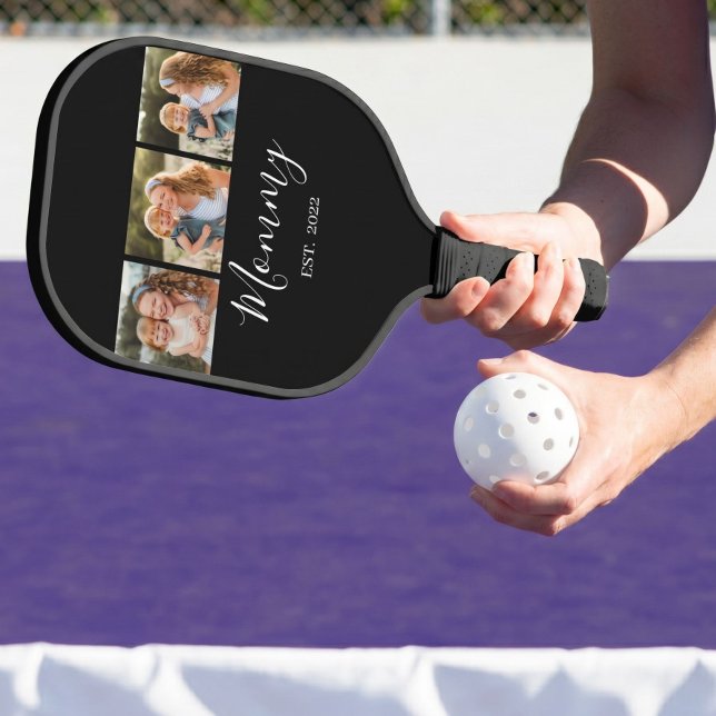 Mom Established Modern Script Black 3 Photo Carbon Fiber Pickleball Paddle (Creator Uploaded)