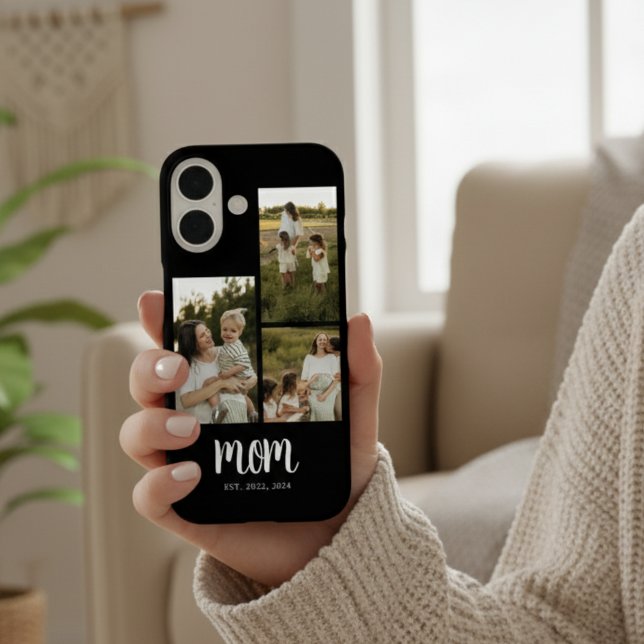 Mom Established Modern Script Black 3 Photo Case-Mate iPhone Case (elegant 3 photo mom established phone case with dates years for mothers day christmas gift for moms)