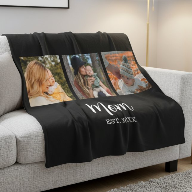 Mom Established Modern Script Black 3 Photo Fleece Blanket (Creator Uploaded)