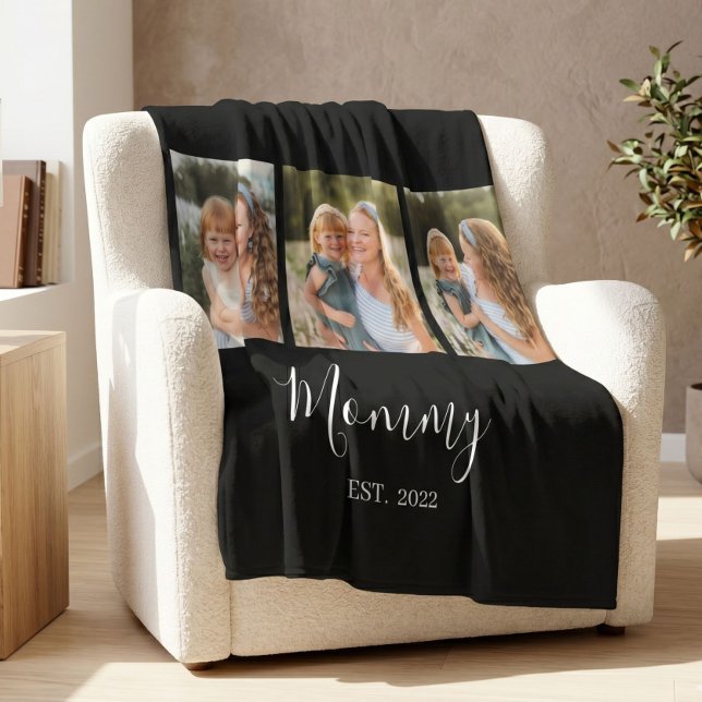 Mom Established Modern Script Black 3 Photo Fleece Blanket (Creator Uploaded)