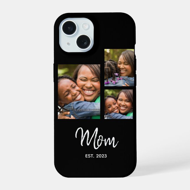 Mom Established Modern Script Black 3 Photo iPhone 15 Case (Back)
