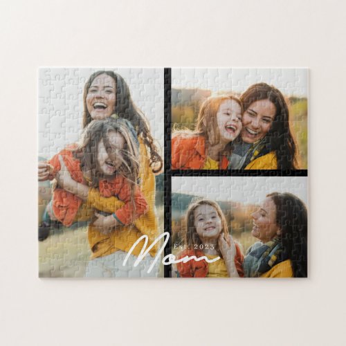 Mom Established Modern Script Black 3 Photo Jigsaw Puzzle