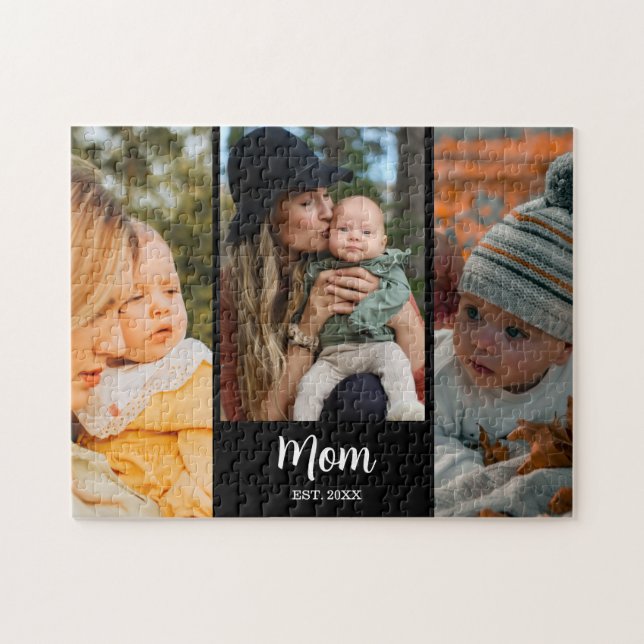 Mom Established Modern Script Black 3 Photo Jigsaw Puzzle (Horizontal)