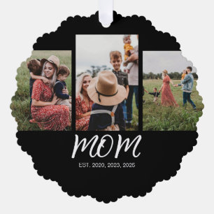 Mom Established Modern Script Black 3 Photo Ornament Card