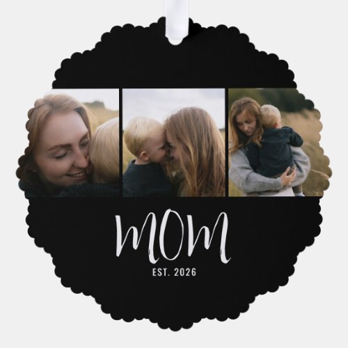 Mom Established Modern Script Black 3 Photo Ornament Card