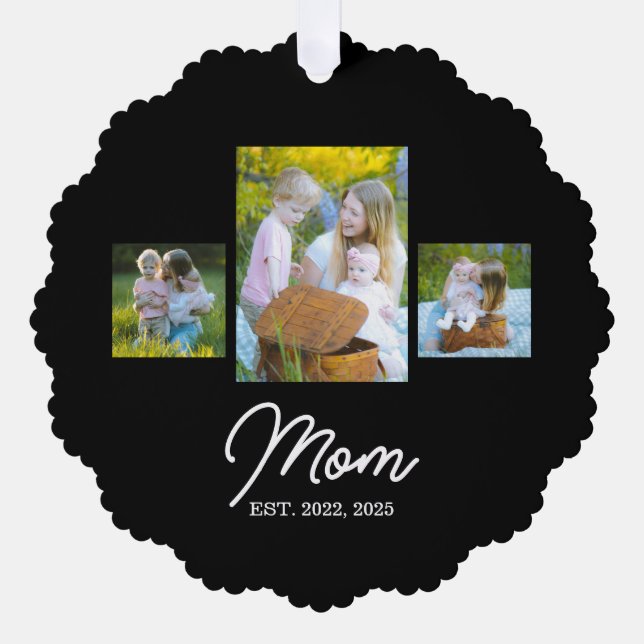 Mom Established Modern Script Black 3 Photo Ornament Card (Front)
