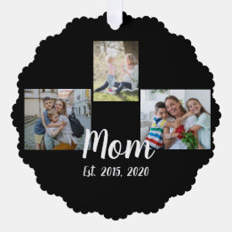 Mom Established Modern Script Black 3 Photo Ornament Card