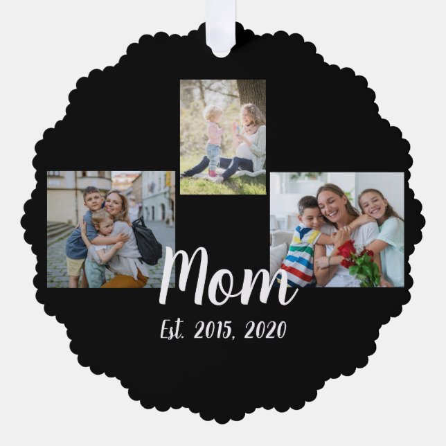 Mom Established Modern Script Black 3 Photo Ornament Card (Front)