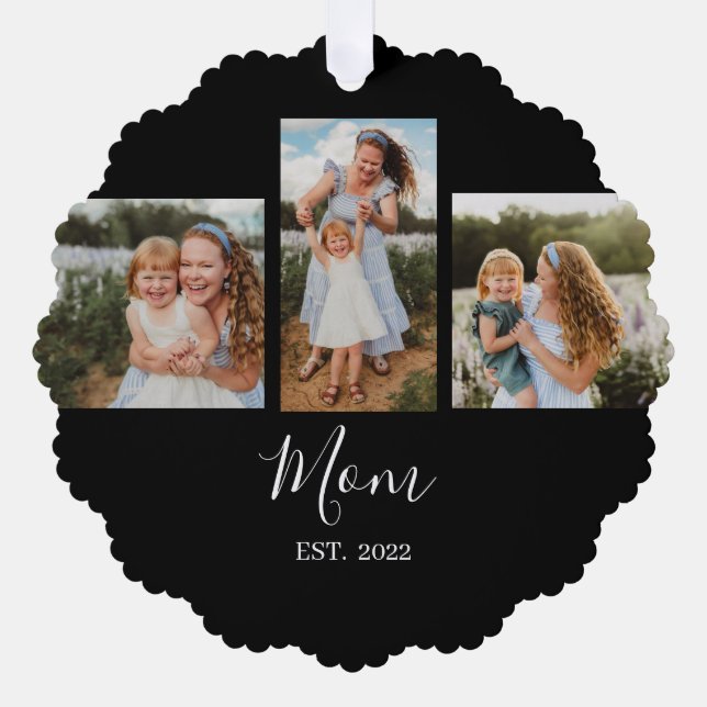 Mom Established Modern Script Black 3 Photo Ornament Card (Front)