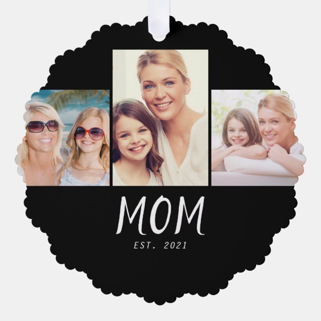 Mom Established Modern Script Black 3 Photo Ornament Card (Front)