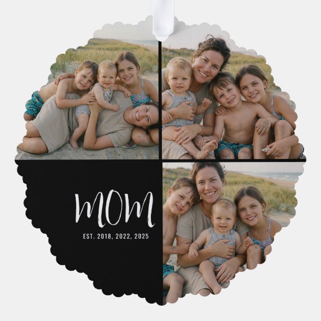 Mom Established Modern Script Black 3 Photo Ornament Card (Back)