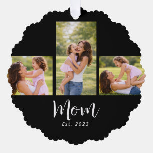 Mom Established Modern Script Black 3 Photo Ornament Card