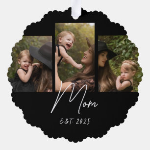 Mom Established Modern Script Black 3 Photo Ornament Card