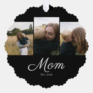 Mom Established Modern Script Black 3 Photo Ornament Card