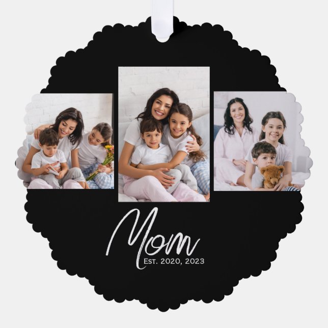 Mom Established Modern Script Black 3 Photo Ornament Card (Front)