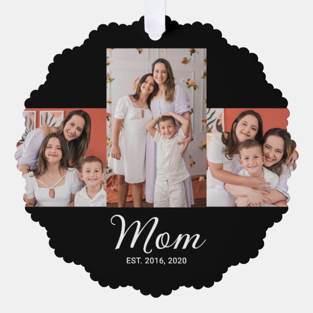 Mom Established Modern Script Black 3 Photo Ornament Card (Front)