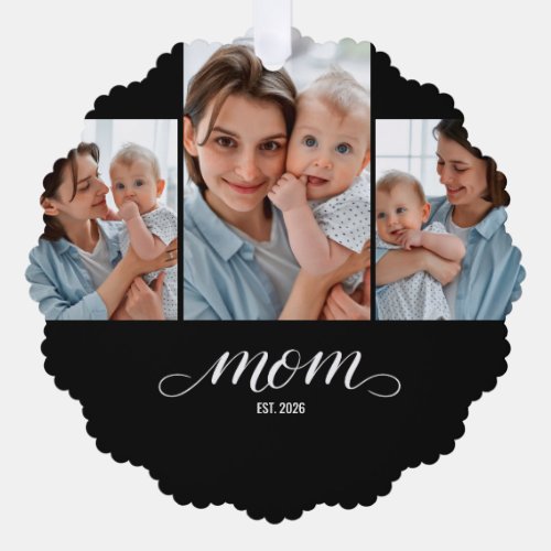 Mom Established Modern Script Black 3 Photo Ornament Card
