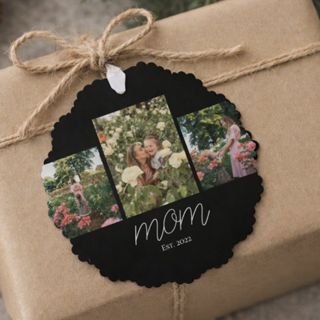 Mom Established Modern Script Black 3 Photo  Ornament Card (Creator Uploaded)