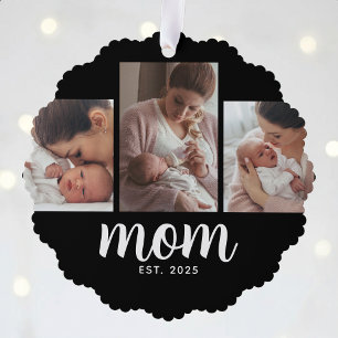 Mom Established Modern Script Black 3 Photo Ornament Card
