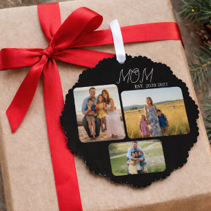 Mom Established Modern Script Black 3 Photo Ornament Card