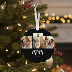 Mom Established Modern Script Black 3 Photo Ornament Card