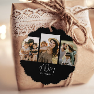 Mom Established Modern Script Black 3 Photo Ornament Card