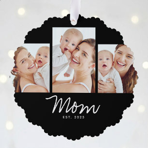 Mom Established Modern Script Black 3 Photo Ornament Card