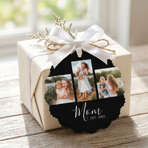 Mom Established Modern Script Black 3 Photo Ornament Card