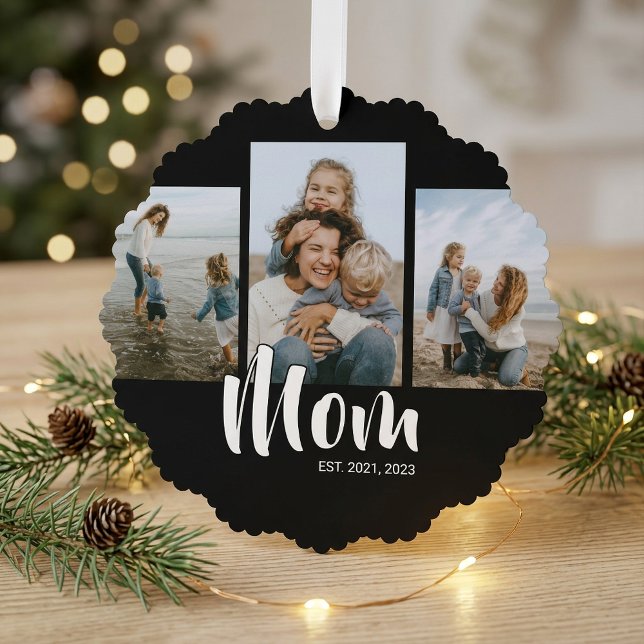 Mom Established Modern Script Black 3 Photo Ornament Card (Mom Established Modern Script Black 3 Photo Ornament Card)