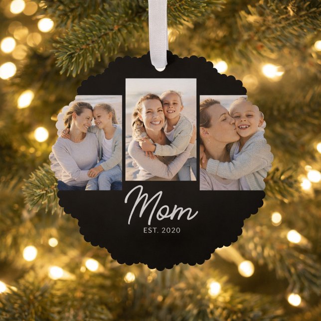 Mom Established Modern Script Black 3 Photo Ornament Card (Creator Uploaded)