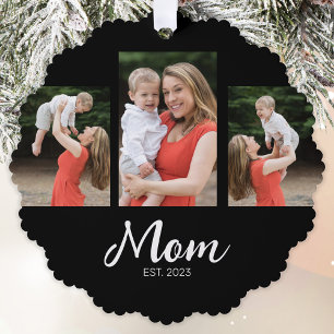 Mom Established Modern Script Black 3 Photo Ornament Card