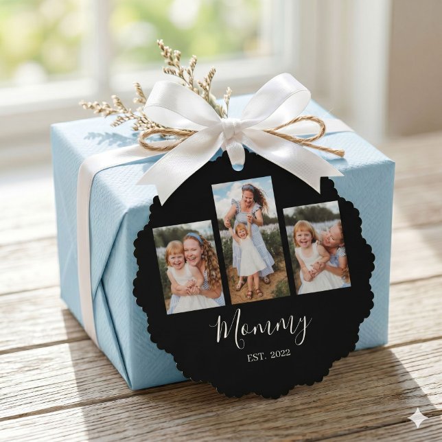 Mom Established Modern Script Black 3 Photo Ornament Card (Creator Uploaded)